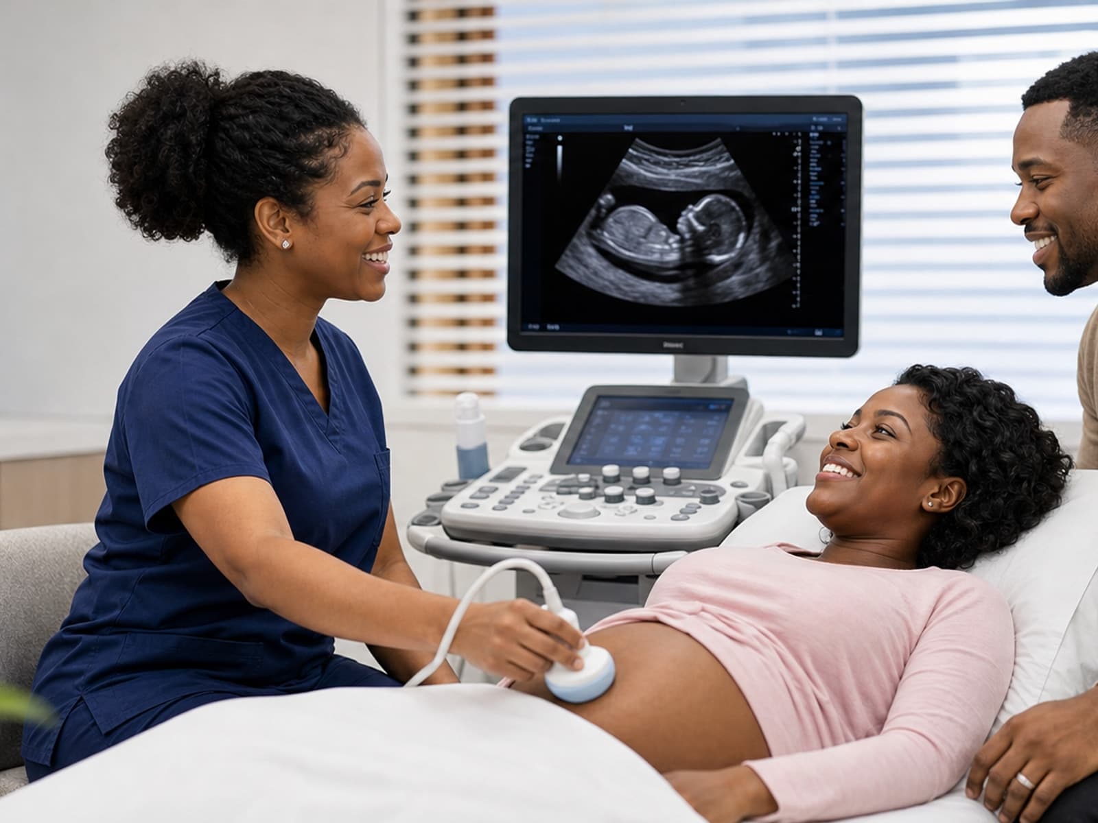 Diagnostic imaging professionals consulting with a patient in a modern scan facility